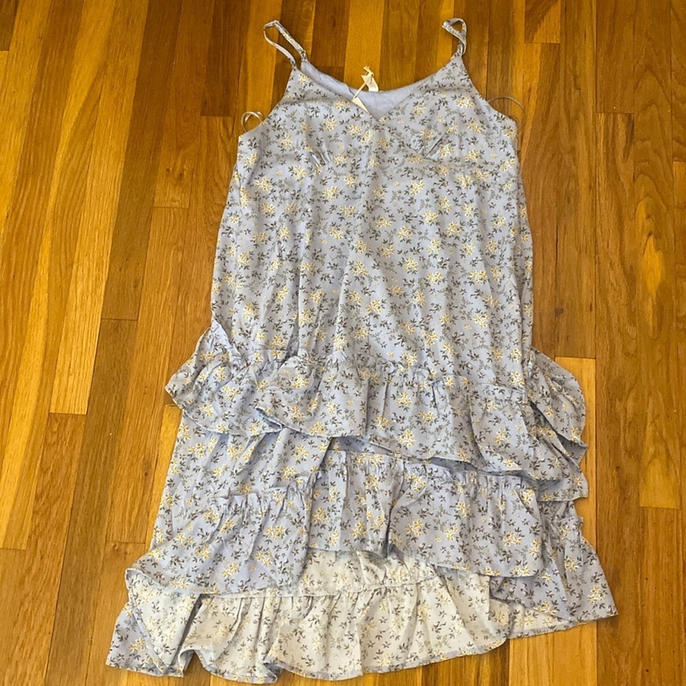NWT L Love Women’s Blue High Low Dress With Yellow Flowers Size M